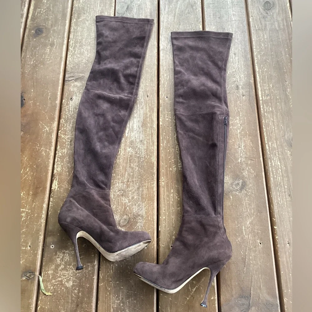 Brian Atwood Thigh High Taupe Brown Suede Sock Heeled Designer Boots Size 36